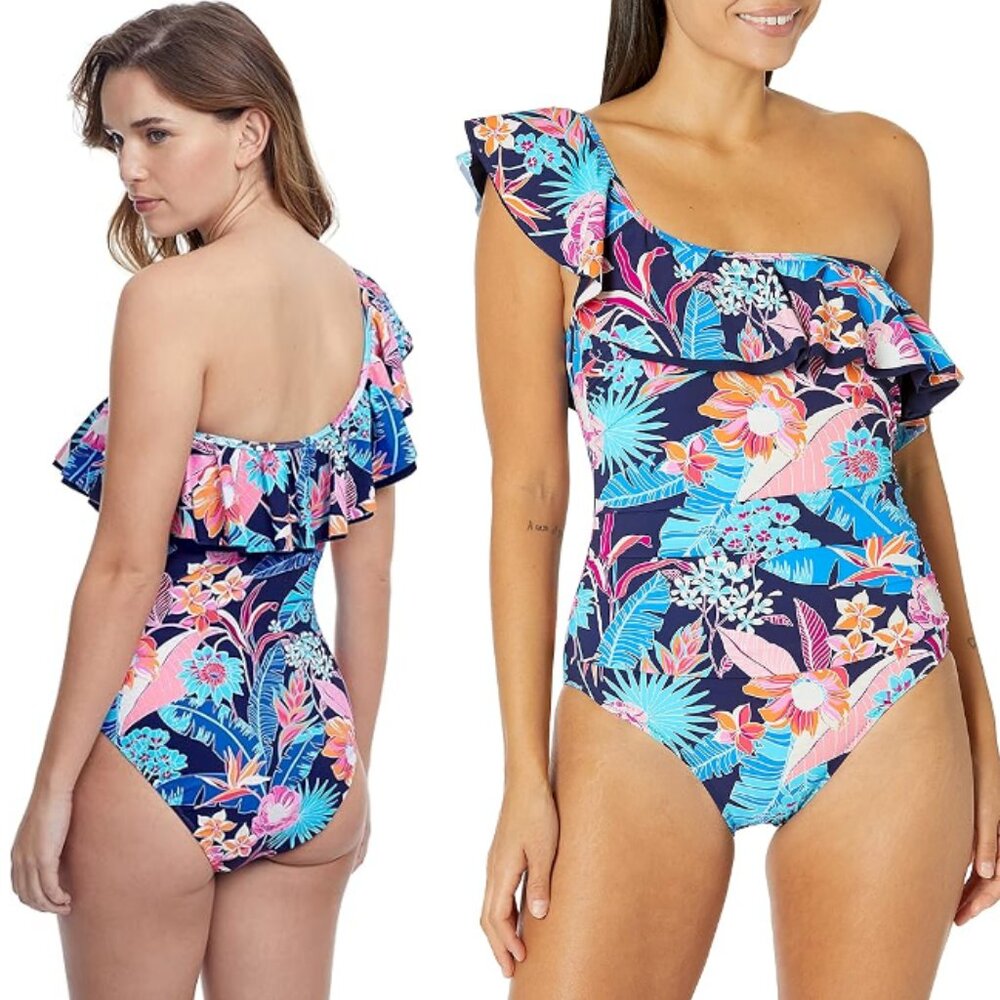 NWT PROFILE BY GOTTEX One-Shoulder One-Piece Swim Suit Blue Floral Multi Size 16